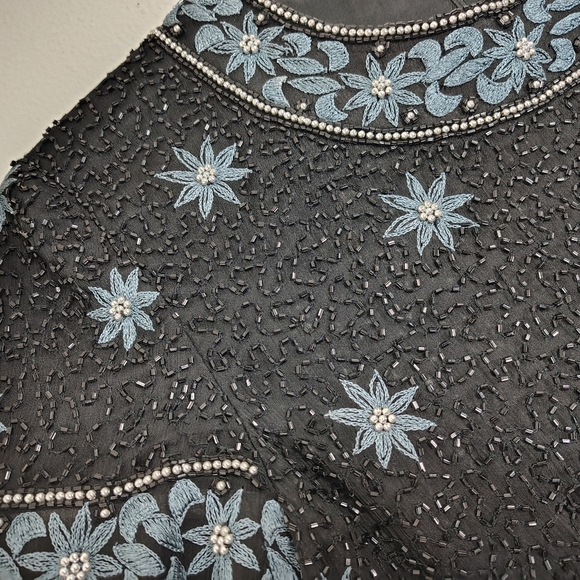 Vintage Papell Boutique Evening Top Womens Small Black Blue Floral Silk Beaded - Picture 6 of 14